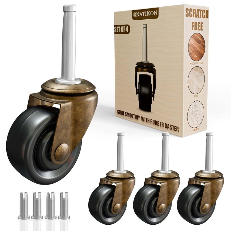 NATIKON Antique Brass Casters with Rubber Wheels 1-5/8" Stem Caster Replacement for Chairs, Sofa, Dresser | Vintage Furniture Rollers for Hardwood Floor Set of 4 - Image 1